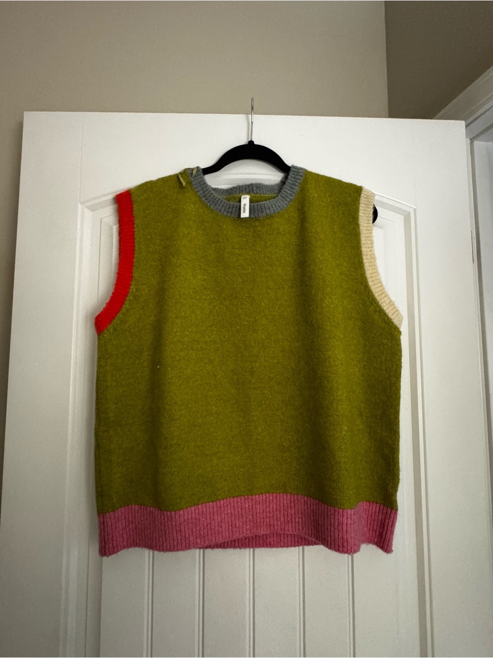 Colorblock Sleeveless Knit Sweater - Olive, Pink, Red Accents